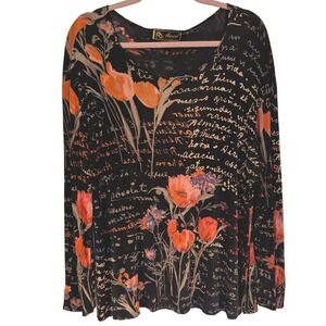 Mirasol Floral Script Top XL Black Orange Long Sleeve Artsy Whimsigoth Blouse